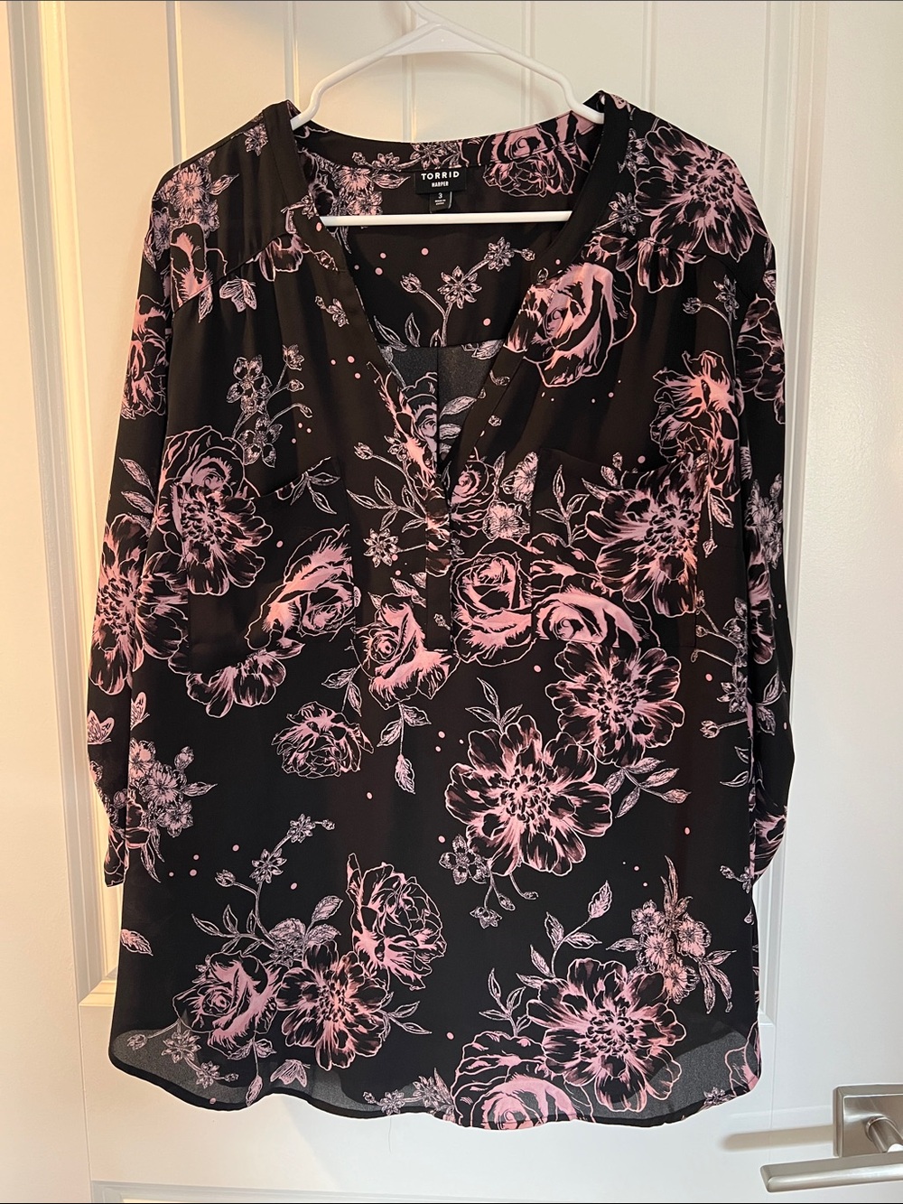 torrid Black with Pink Floral Split-Neck Blouse